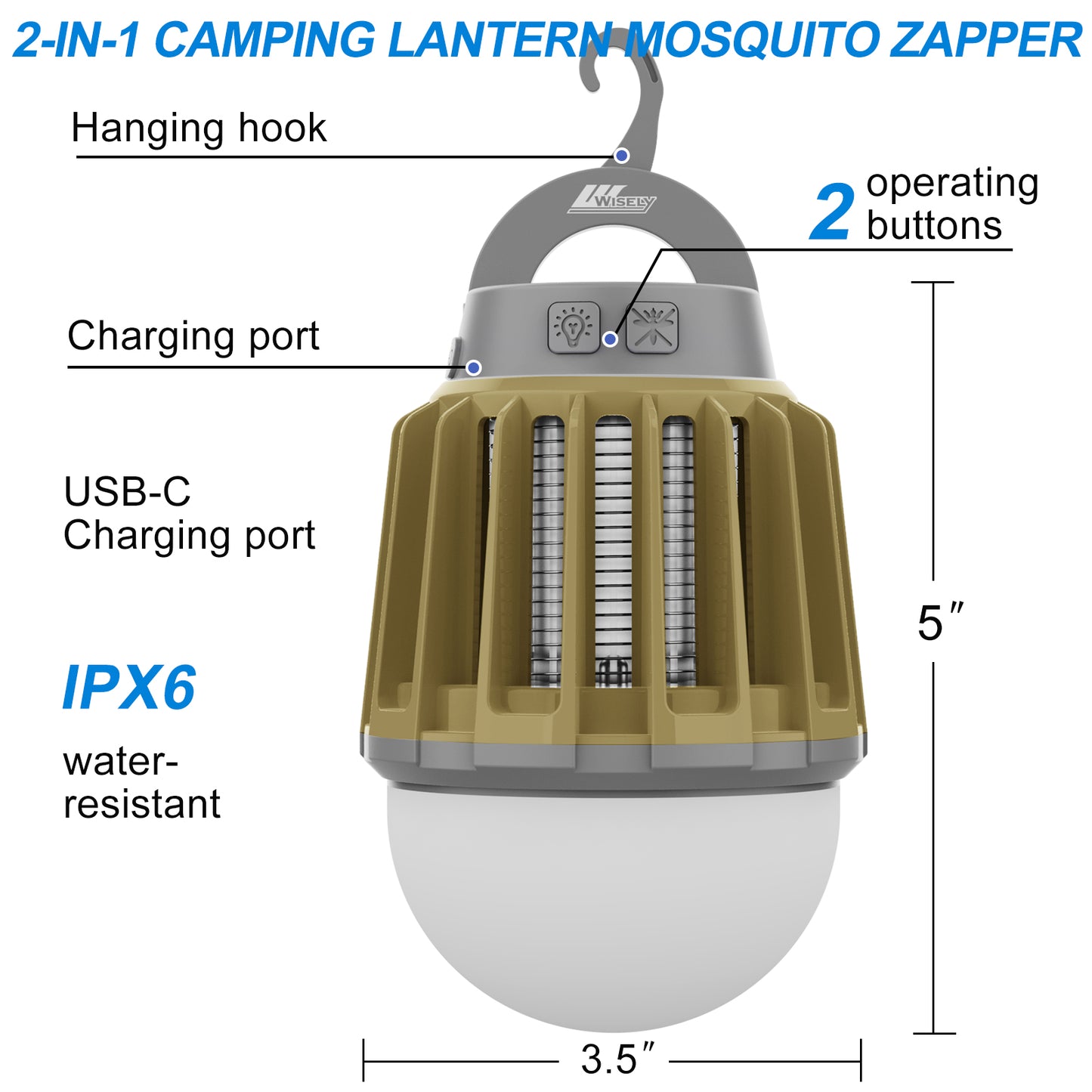 Wisely Camping Zapper with Lantern, Rechargeable 2000 mAh, Outdoors and Indoors